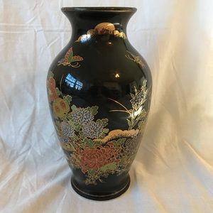 Japanese Black Porcelain Vase Floral and Butterfly